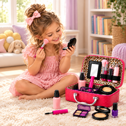 Girl playing with Blushbox on a clean cream rug